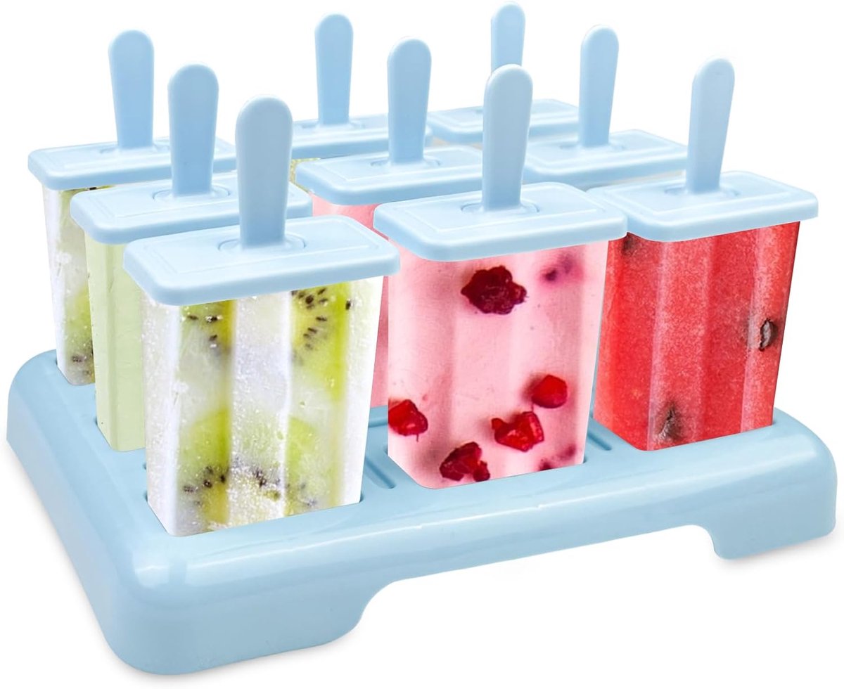 Vormen voor ijslolly's, BPA-vrije ijsvormen, ijsvorm met reinigingsborstel en een trechter, voor het bereiden van ijslolly's, ijsjes, sorbet (9 putjes blauw)