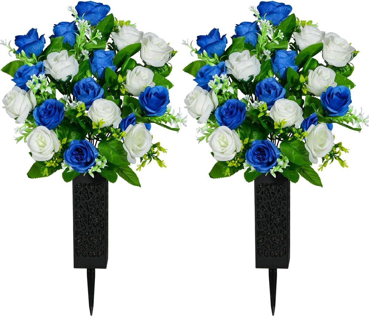 SnelShoppen - Kunstbloemen voor begraafplaats met vaas, 2 stuks kunstroos in donkerblauw en wit, decoratie voor grafmonumenten en grafstenen