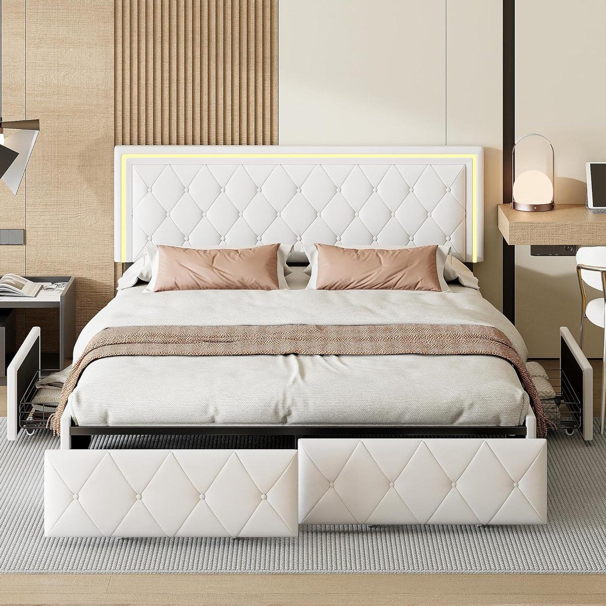 Gestoffeerd Bed - Tweepersoonsbed Frame - Slaapkamer Inrichten - Met Ledverlichting - 140x200 cm - Wit