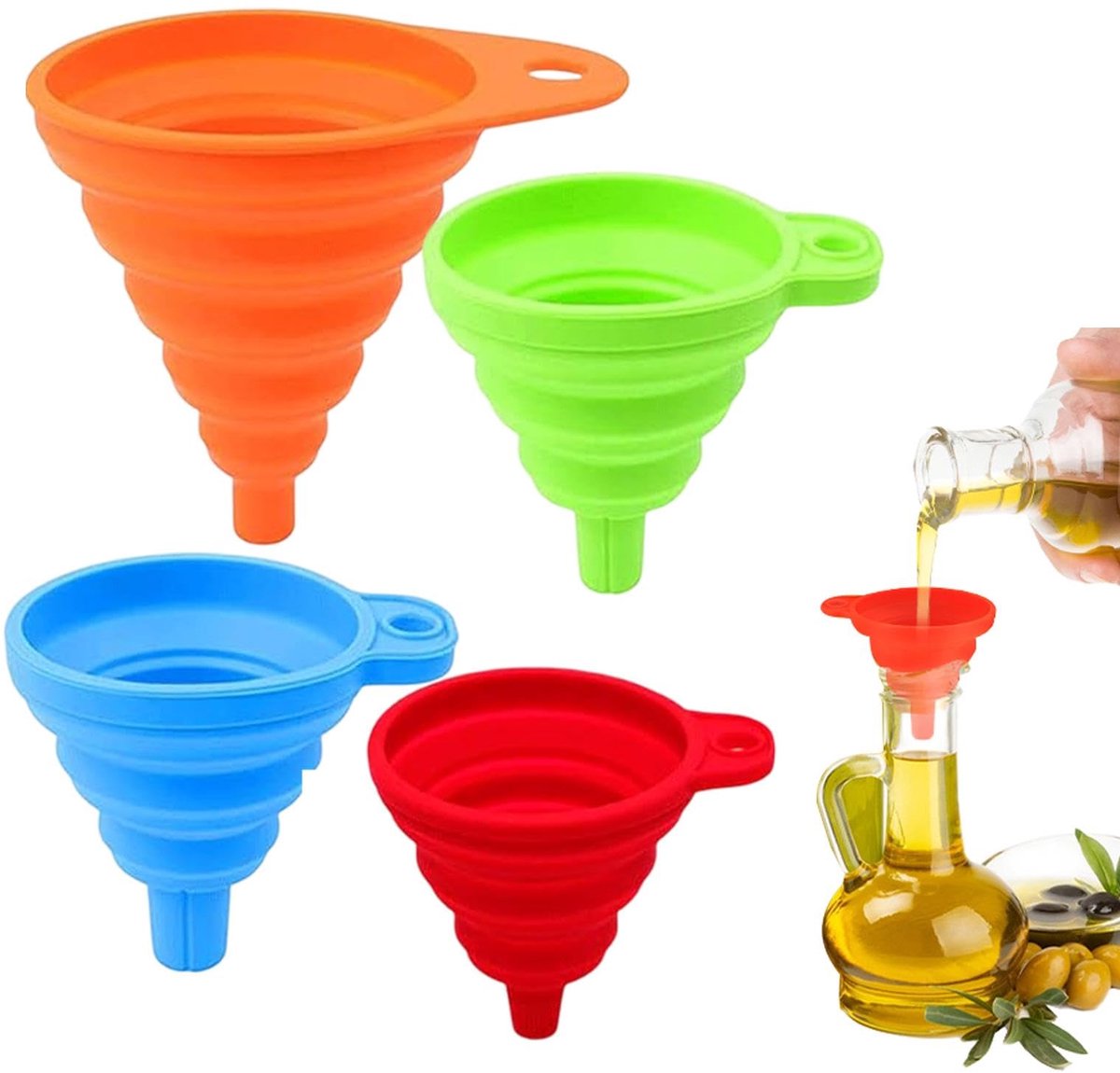 4 stuks opvouwbare siliconen trechters, opvouwbare keuken, kleine opvouwbare trechter, draagbaar, opvouwbaar, mini-trechterset voor bier, olie, vloeistofoverdracht