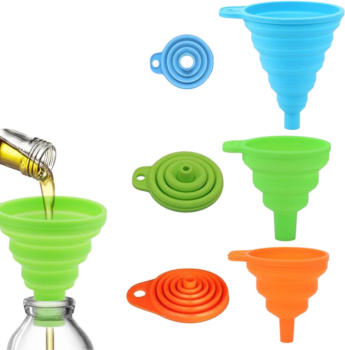 3 stuks trechters voor in de keuken, trechter klein, trechter, trechter bier, mini-trechter, opvouwbaar, siliconen trechter voor keuken, inklapbare trechter voor bier, olie, vloeistofoverdracht