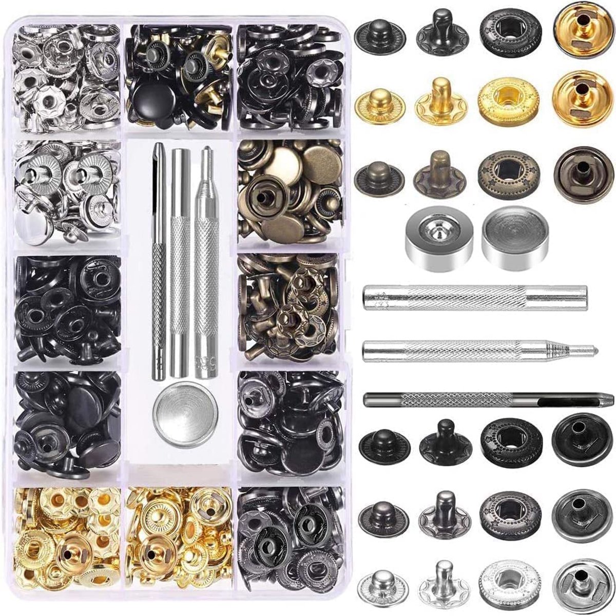 Set van 132 metalen drukknopen, koper, lederen drukknopen, brons, 6 kleuren, met bevestigingsgereedschap, kit voor leer, handwerk, jas, portemonnee, handtas, 12,5 mm