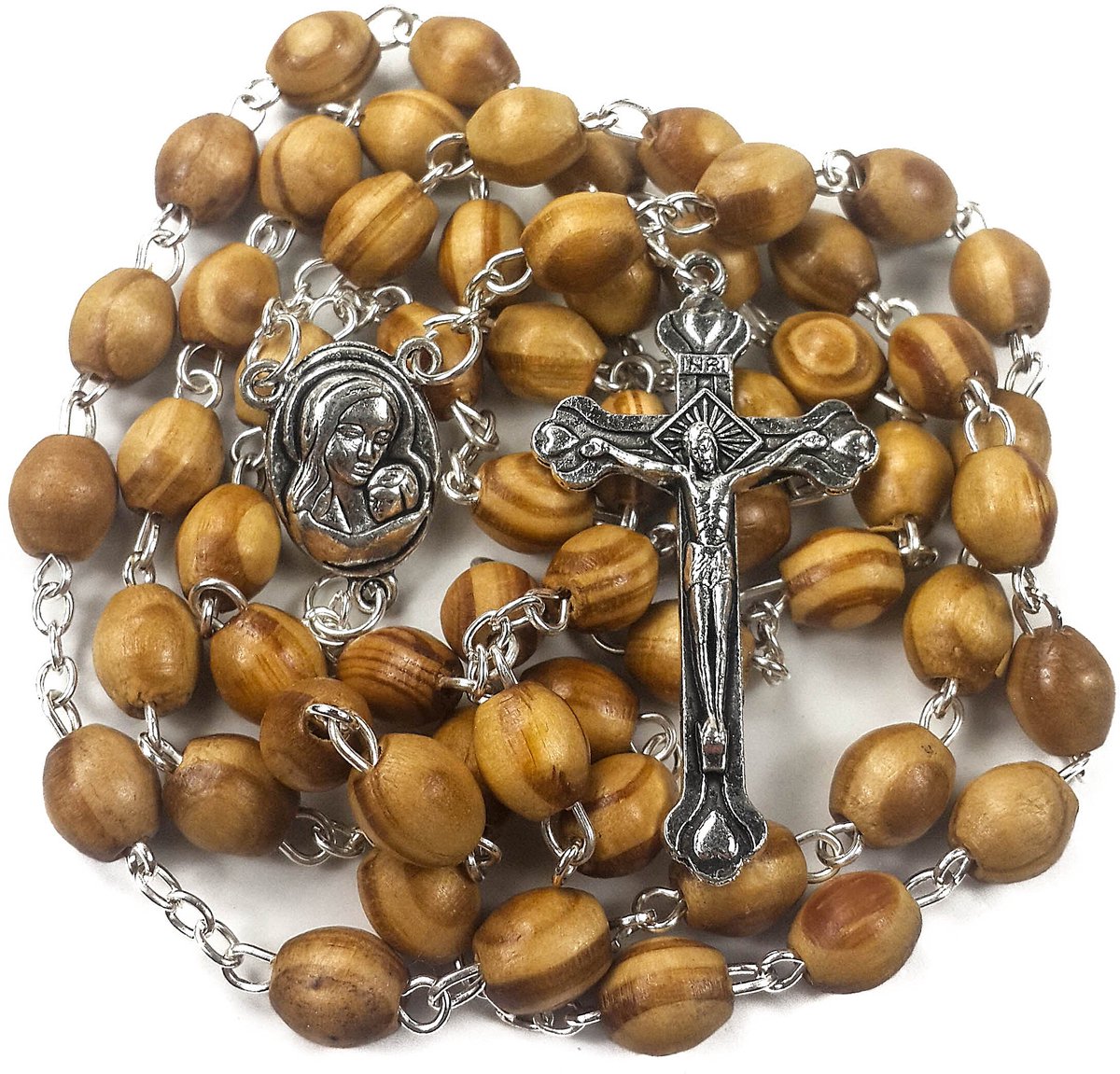 Store Katholieke Gebedsrozenkrans Olijfhouten Kralen Halsketting Heilige Grond Medaille & Metalen Kruis Fluwelen Cadeauzakje