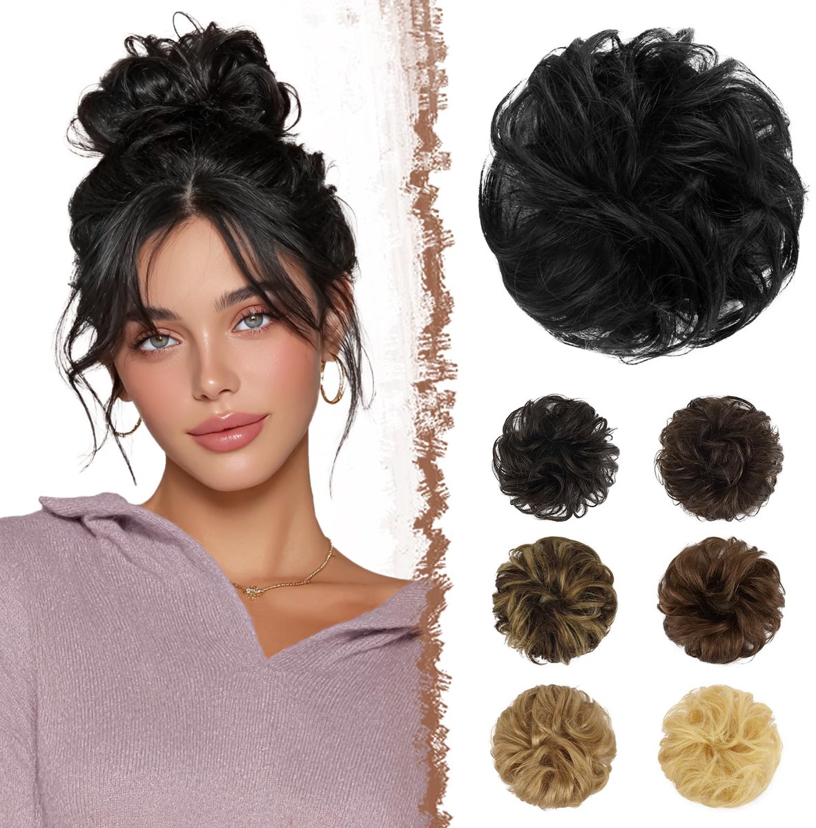 Natuurlijk Knot Haarstukje Extensie - 100% Menselijk krullend Golvend Haar Chignon Opgestoken Donut Haar Stuk Paardenstaart Extensions voor Vrouwen, Zwart