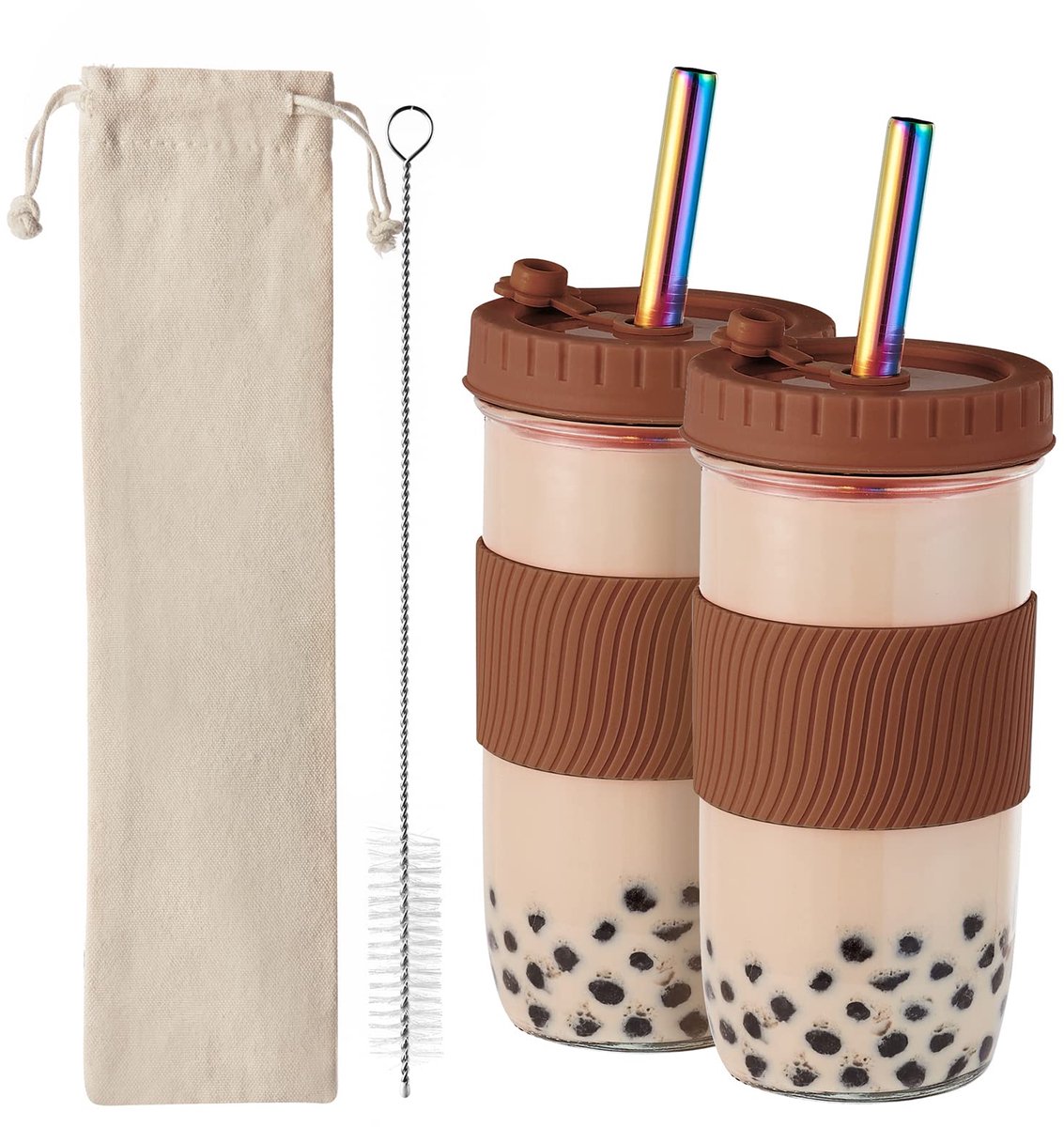 2 Pack Herbruikbare Boba Cup,24 oz brede mond Smoothie Cup,metselaarpot glazen bekers met deksels en rietjes, Bubble/Boba theekopjes, Ice Coffee Tumbler 2 gekleurde rietjes 1 sponsborstel (bru