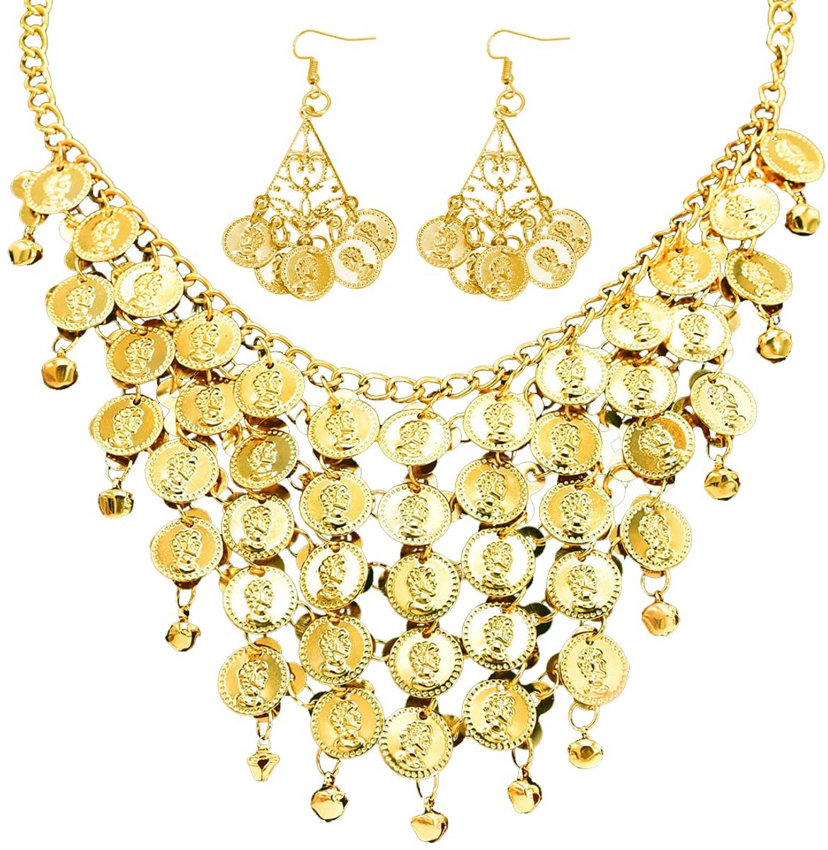 Buikdanaccessoires voor dames, gouden oorbellen en ketting met gouden munten, sieraden waarzegster accessoires, piratenkostuum damesaccessoires, buikdanskostuum, sieraden voor themafeest