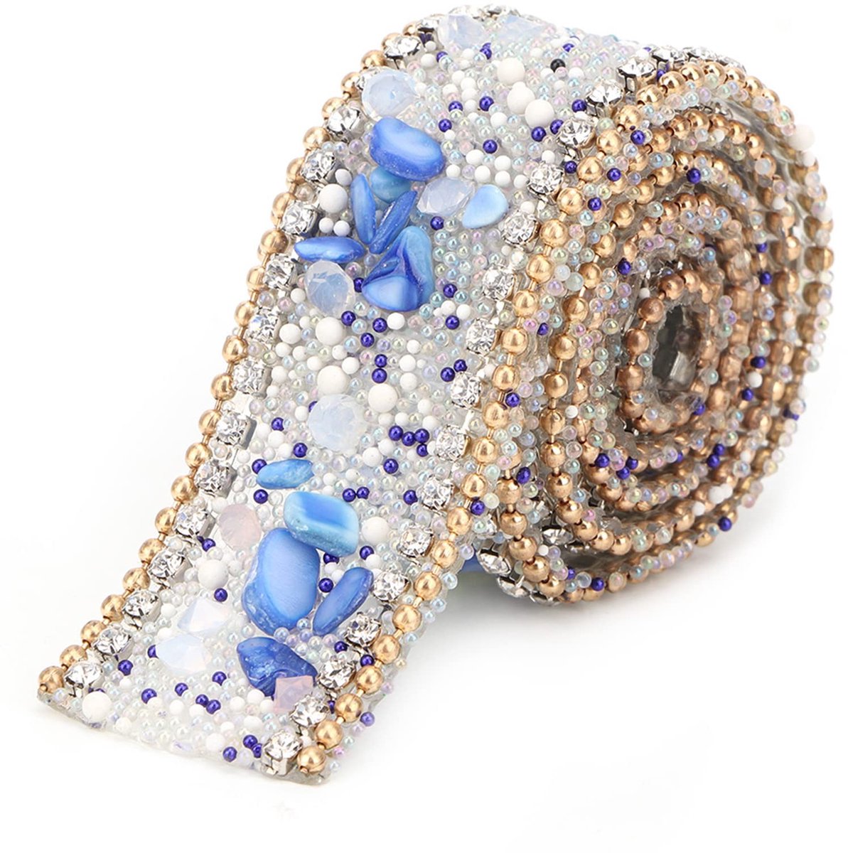 Ribbon Trim, 50 X 2,5 cm Diamant Lint Band met Steen, Rijstparel, Waterboor, Naai Kralen Trim voor Bruiloft (Saffier Blauwe Gouden Ketting)