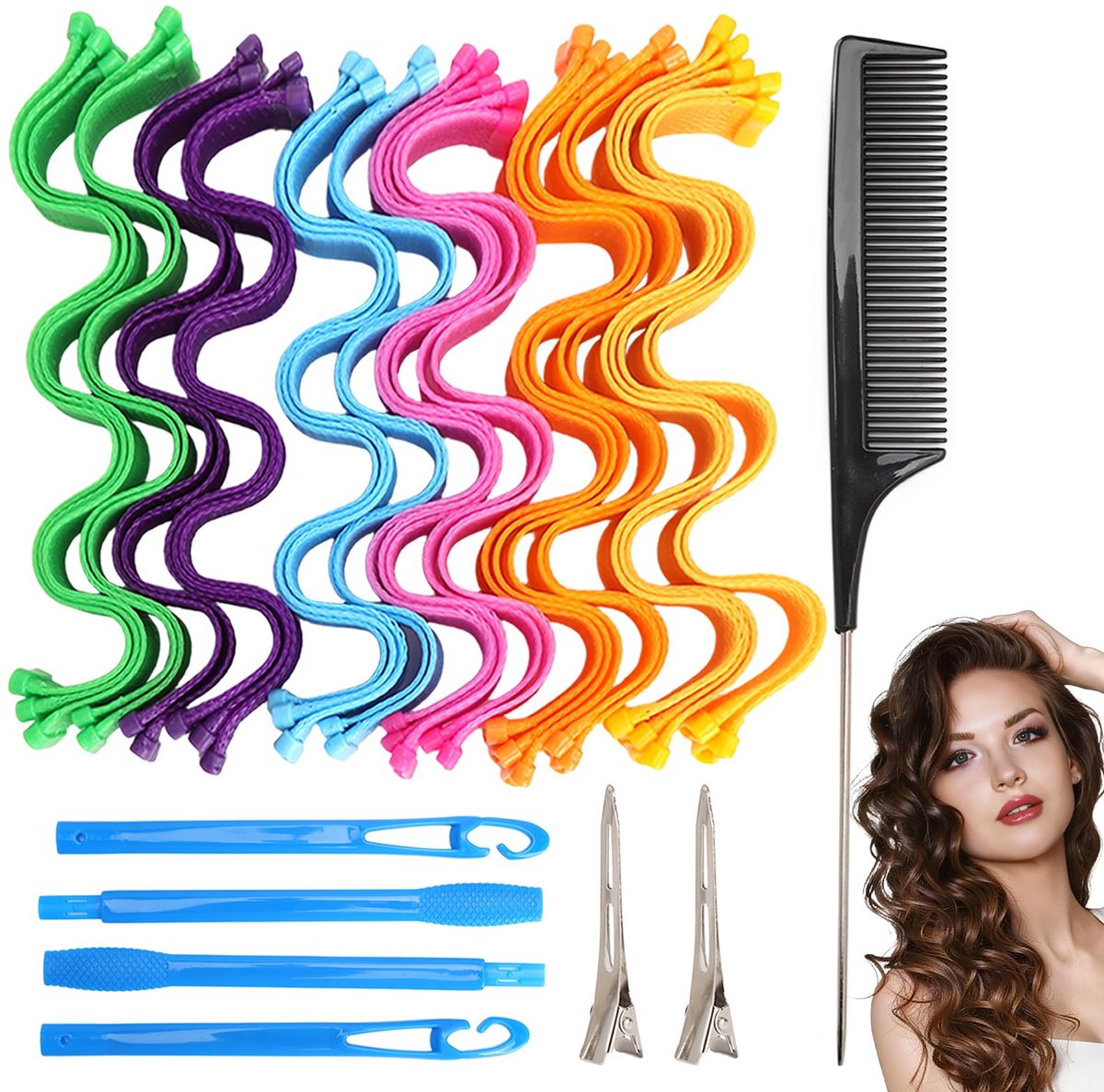35 stuks set krullende wikkels, krullen wave stylingset, haar krullende wikkels haarkruller met stylinghaken voor alle kapsels krullende wikkels voor's nachts magische krullende wikkels spiraalkrullen