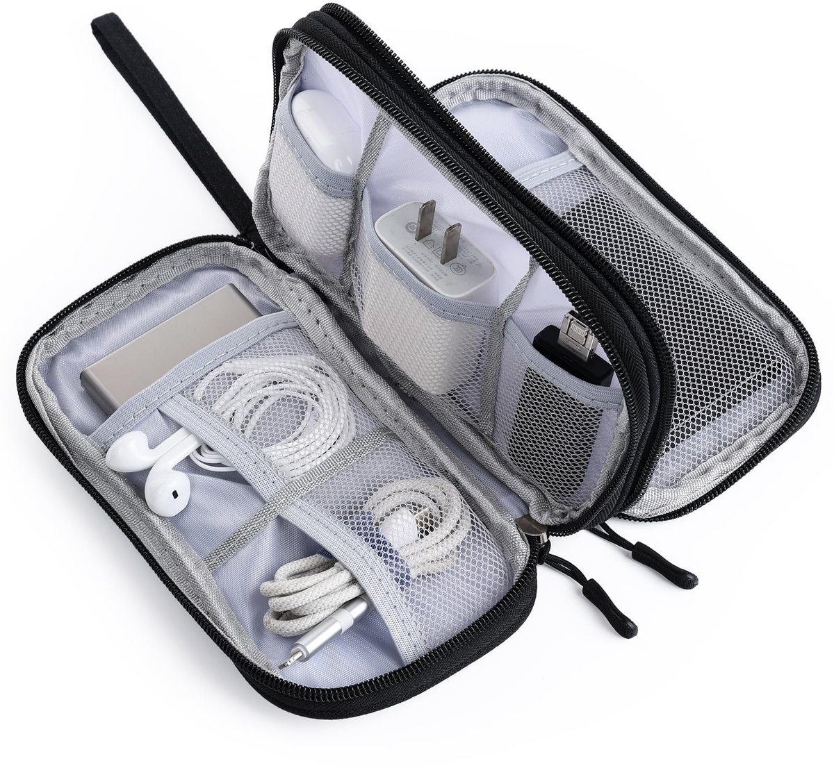 Kabeltas Organizer Elektronica Organizer – Waterdicht Dubbellaags Compact en Draagbaar, Kabeltas voor Oplader, Kabel, Powerbank, USB en Reisaccessoires - Zwart