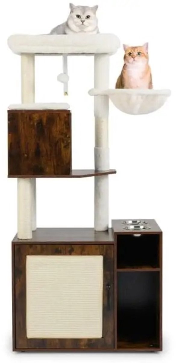 Emvae Kattenbak kast - Verborgen Kattenbakmeubel - Kattenmeubel met Krabpaal, Kattenmand, Voerbakken en Hangende Bal - 72 x 45,5 x 155 cm - Bruin