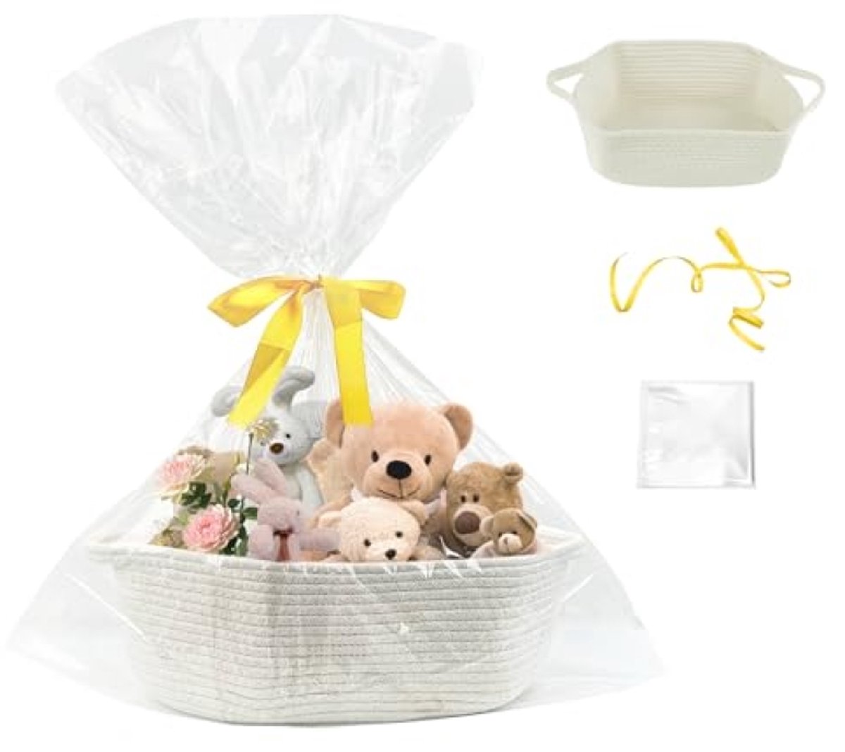 Huis Geluk Opbergmand van katoenen touw met handgrepen, cadeauzakjes en strikken, 31x21x13 cm, wit