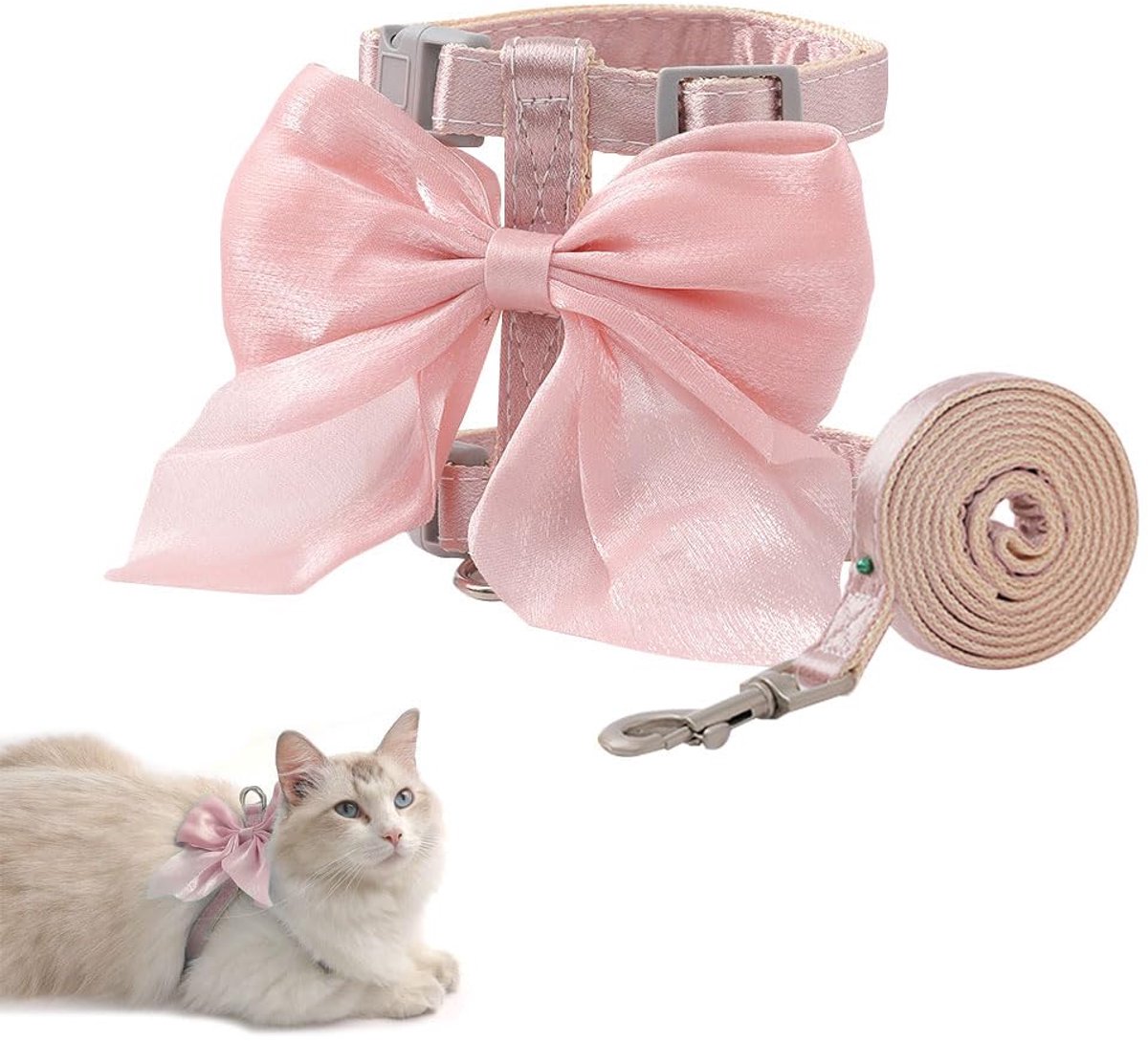 Kattentuig met riem, kattenharnas met verstelbare roze vlinderdas voor grote honden en kleine huisdieren (S)