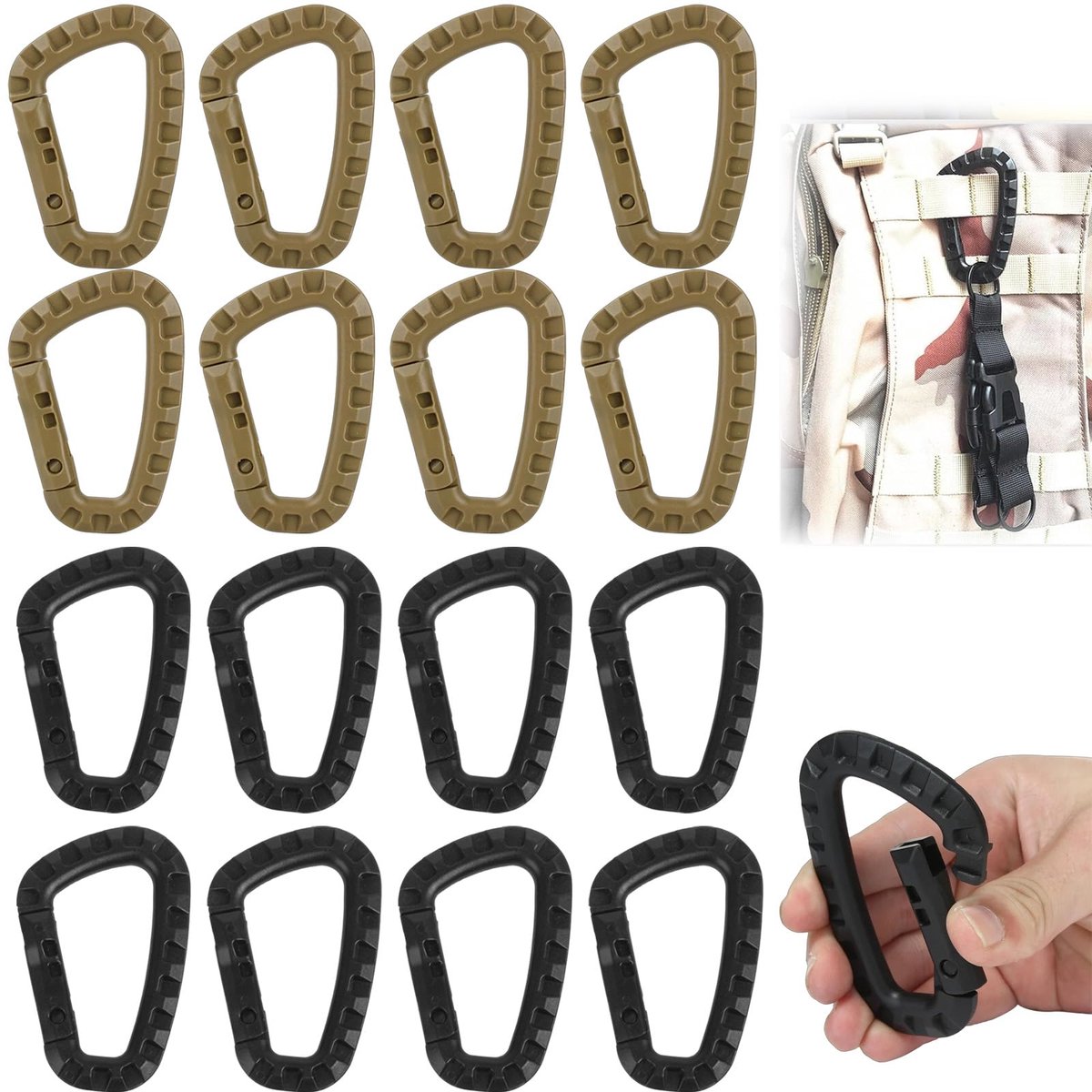 Karabijnhaken Set van Kunststof – 8 Khaki en 8 Zwart – 85x56x12 mm – Lichtgewicht & Duurzaam – Perfect voor Kamperen, Wandelen, Fietsen, Vissen en Reizen