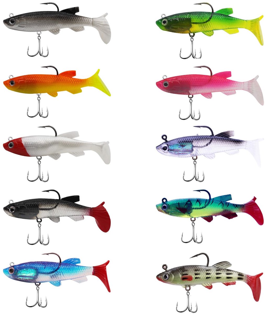 10 stuks rubberen vissen met jigkop, kunstaas, rubberen aas, zoetwater-zoutwatervissen, cadeau voor baars, zachte mandarijnvis, paardenmuil tilapia