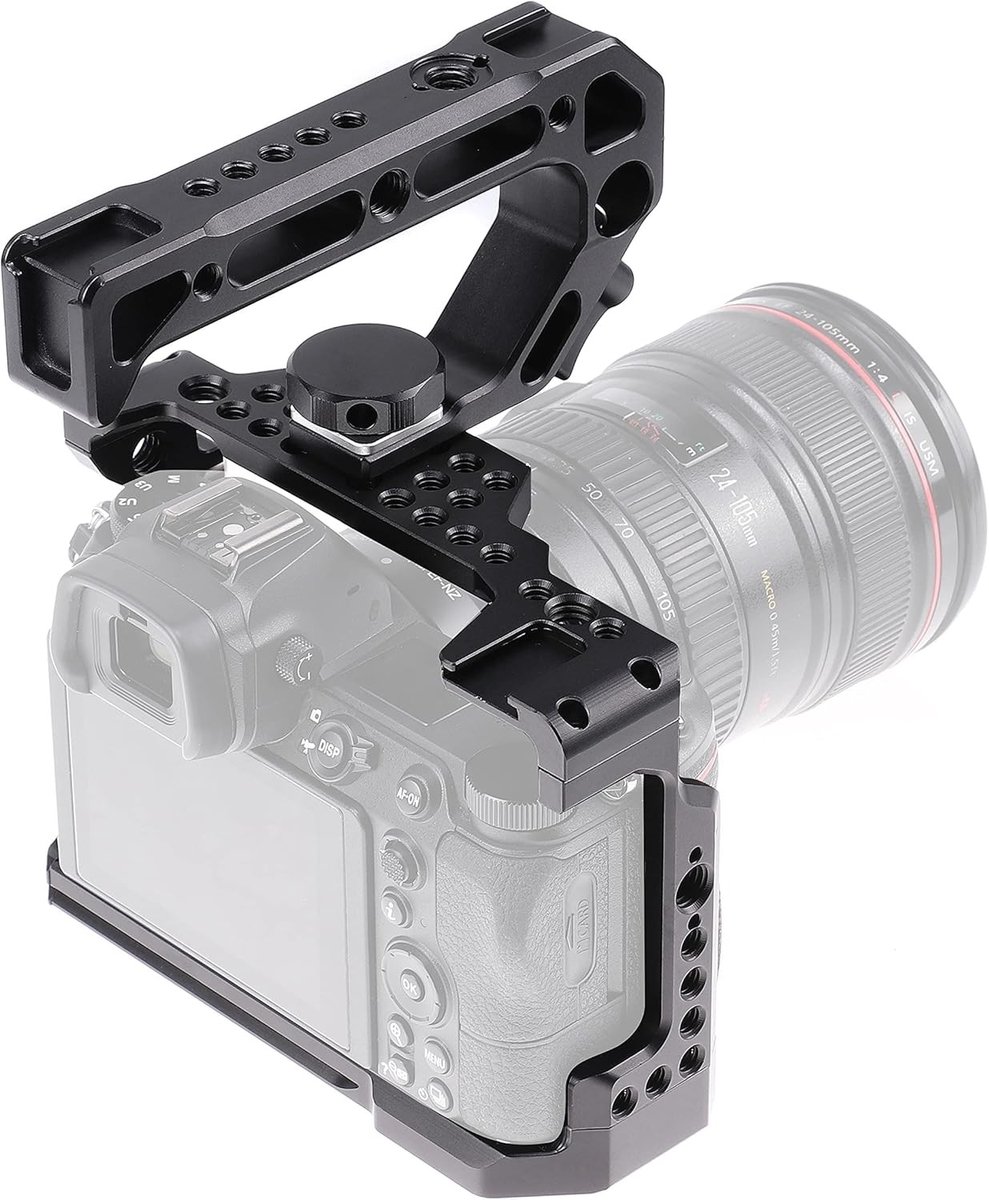 Camera Cage met Bovenhandgreep voor Nikon Z5/Z6/Z7/Z6II/Z7II - Inclusief Koudshoe, ARRI Grip Locaties en Meerdere Schroefgaten 1/4" en 3/8" voor Verbeterde Stabiliteit en Functionaliteit