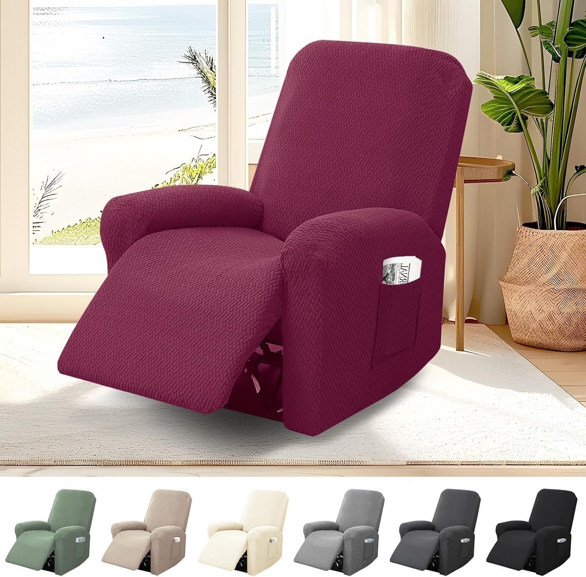 Recliner Stoelhoes Stretch All-Inclusive Wasbare Hoes voor Split Recliner met Opbergzakken in Bordeauxrood - Perfecte Bescherming en Stijl voor Uw Meubels