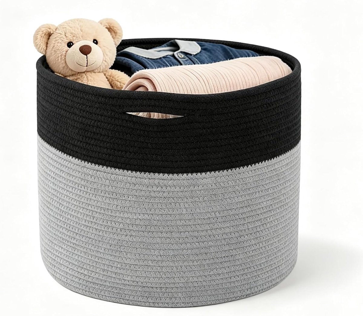 Wasmand, gevlochten, diameter 40 x hoogte 35 cm, opbergmand met handgrepen, handgemaakt, mand opslag voor dekens, speelgoed, knuffeldieren, kleding, zwart + grijs