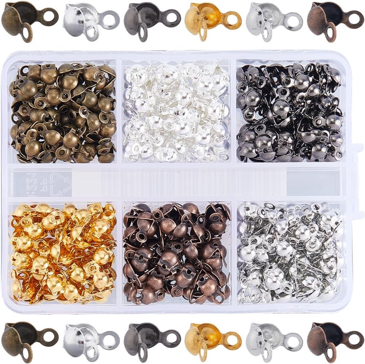 1 Doos 360 Stuks 6 Kleuren Kraal Tips Knoop Covers Bead Tip Knopen Knopen Kloppen Messing Kleine Kleurrijke Clamshell Calotte Krimpen Open Einden Kralen Cover voor Sieraden Maken