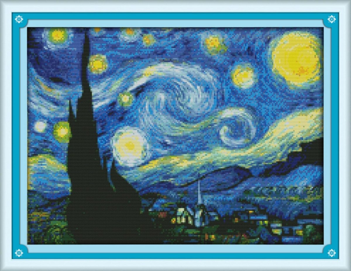 14 Count Gestempelde Kruissteekpakketten voor Beginners Volwassenen, De Sterrennacht van Van Gogh Voorbedrukte DIY 14ct Borduurwerk Naaistartset Naaiwerk Gemakkelijke Patronen Beroemde