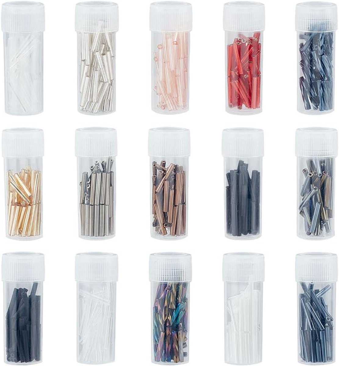 Kralen, 15 kleuren, rocaillekralen, lange buis, 12 x 2 mm, losse en gedraaide afstandsparels, transparante kralen