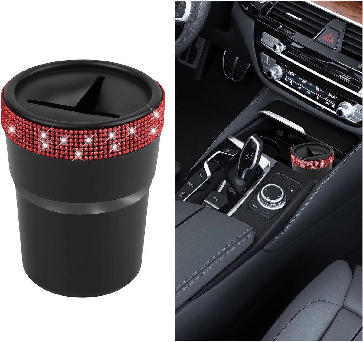 Muntenhouder voor auto, mini-muntbox voor bekerhouder, mini-bekerhouder, inzetstuk, met rode diamantdecoratie, voor vele voertuigmodellen, voor het opbergen van munten, sleutels