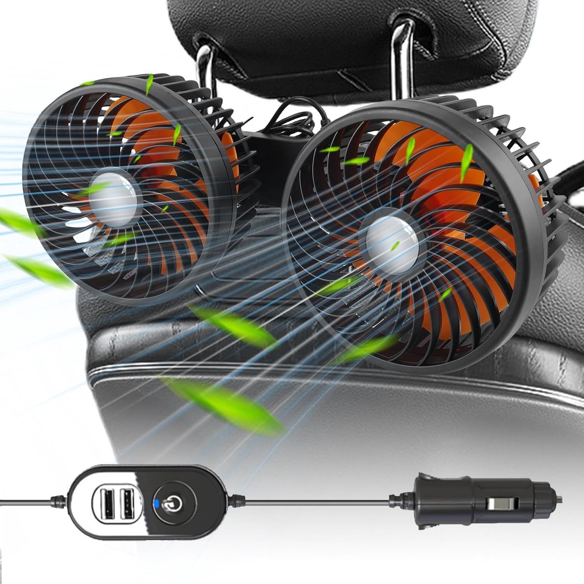 Autoventilator, 12 V, voor de achterbank, 360 graden draaibaar, mini-ventilator, draagbare 360 graden draaibare autoventilator voor voertuigen zoals limousine, SUV, RV