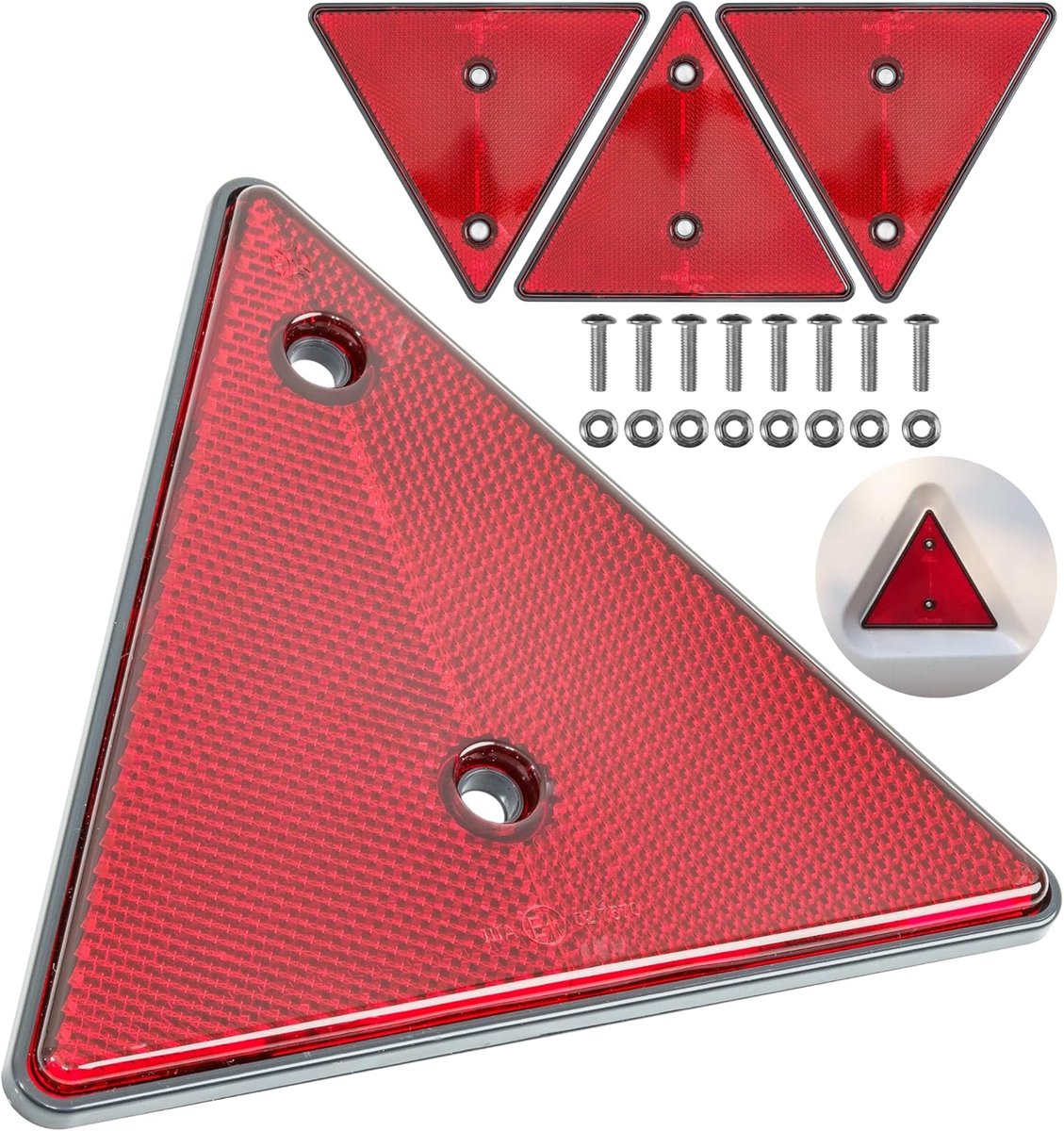 4 st., rood, met schroevenset, lengte zijden 15 cm, gatafstand 70 mm, met E-markering, achterreflector, driehoekige achterdiffusieschijf, aanhanger driehoek rechts links