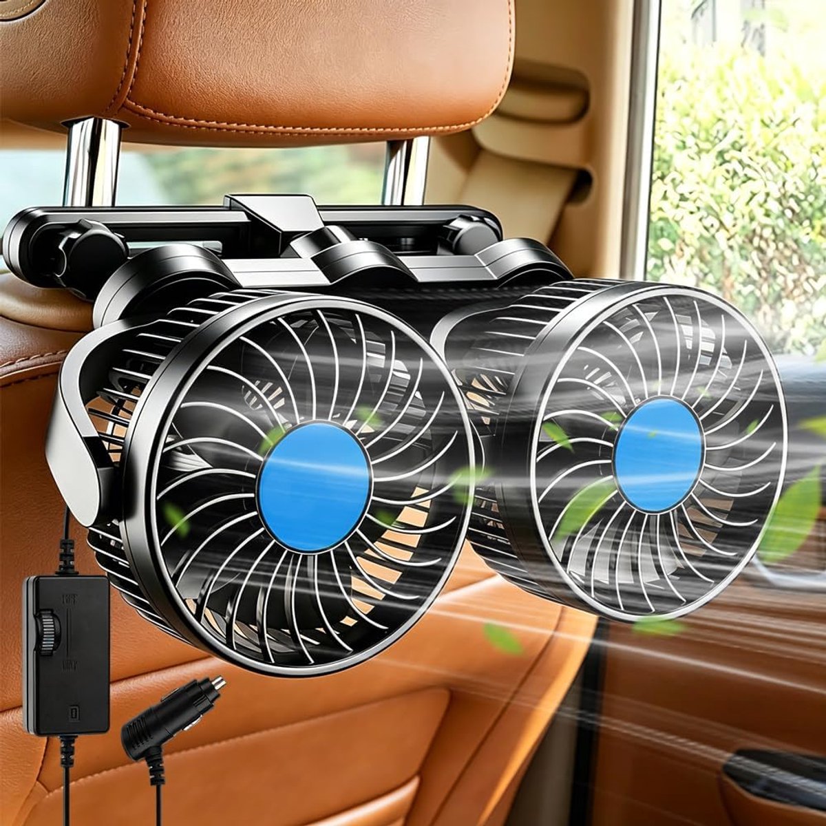 Autoventilator voor de achterbank, 12 V, 360 graden auto-koelventilator met 3 snelheden, draagbare autoventilator, dubbele ventilator, geschikt voor vrachtwagen, camper, caravan, 12 V