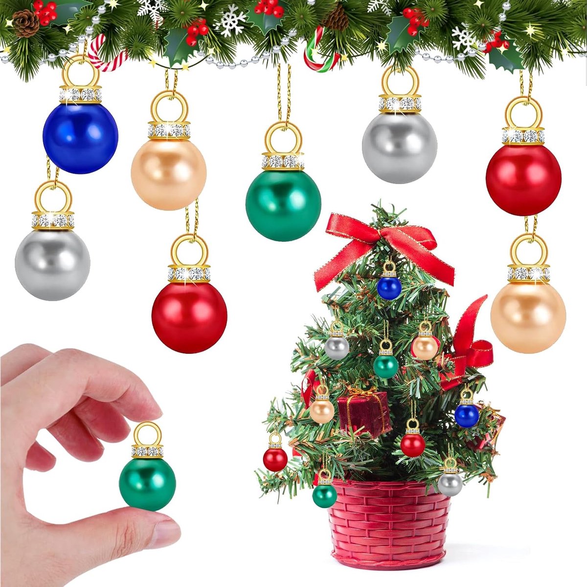 Kerstballen, mini-kerstballen, glitter, mini-boomballen, kleurrijk met draad, kralen, Kerstmis, kleine kerstballen voor kerstboom, diameter 1,6 cm, kleurrijk 80 stuks