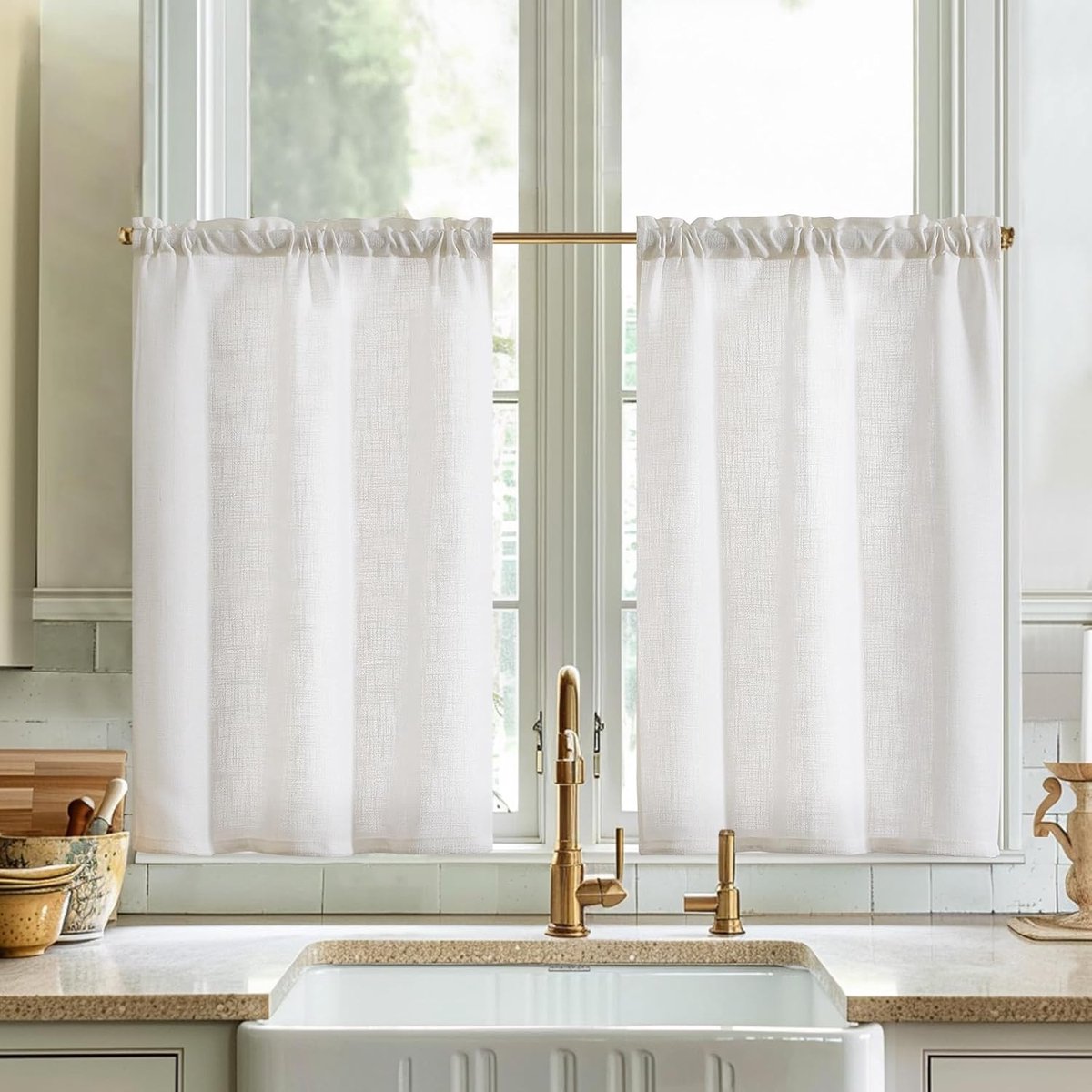 Eenvoudige Schermgordijnen Modern Keuken Wit Linnenlook Bistrogordijn Set van 2 65Bx60Hcm Gordijnen Lichtdoorlatend Keukengordijnen met Stangendoortrek Landelijke Gordijnen Kort Woonwagen