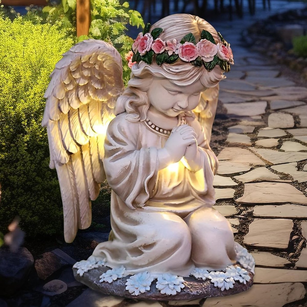 Beelden, engel voor graf, weerbestendig, 20,5 cm, zonneengel tuinfiguren, biddende led-beschermengelfiguur, weerbestendig, grafdecoratie voor begraafplaats, outdoor