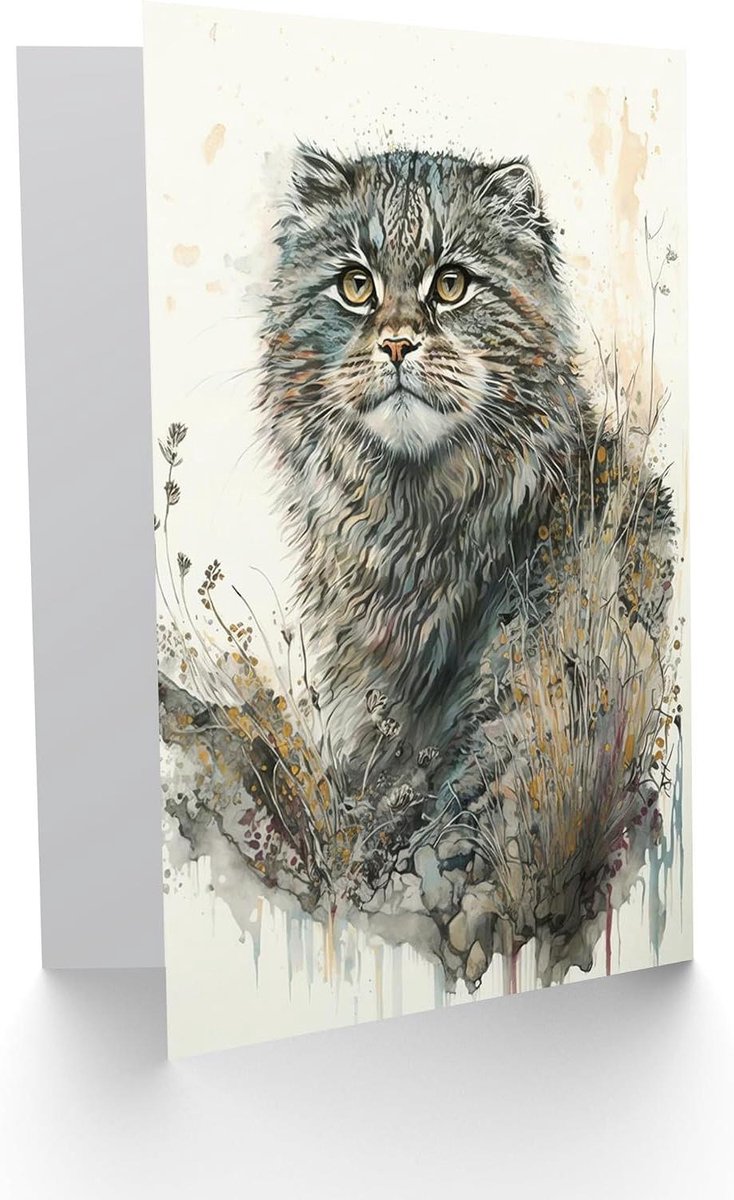 Wenskaart Kat - Kaart met envelop - Persoonlijke Boodschap - Illustratie in Aquarel - 17.5 x 12.5 cm - Multicolor