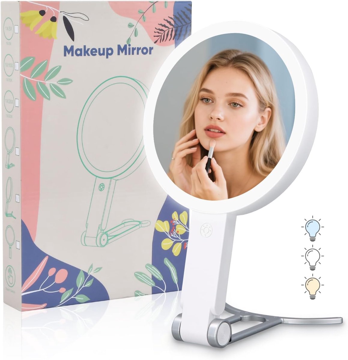 OYLCDI Verlichte make-up spiegel, dubbelzijdig 1x/10x vergroting, opvouwbare reisspiegel met 64 LED-lampjes, 3 lichtkleuren, touch-bediening en oplaadbare 1000mAh batterij
