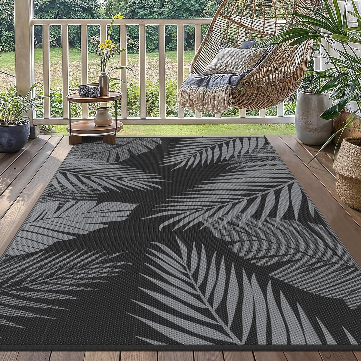 Waterdicht buitentapijt, omkeerbare campingmat, plastic picknickdeken voor tuin, camper, balkon, achtertuin, 120x180cm, Bladmotief Zwart en Grijs