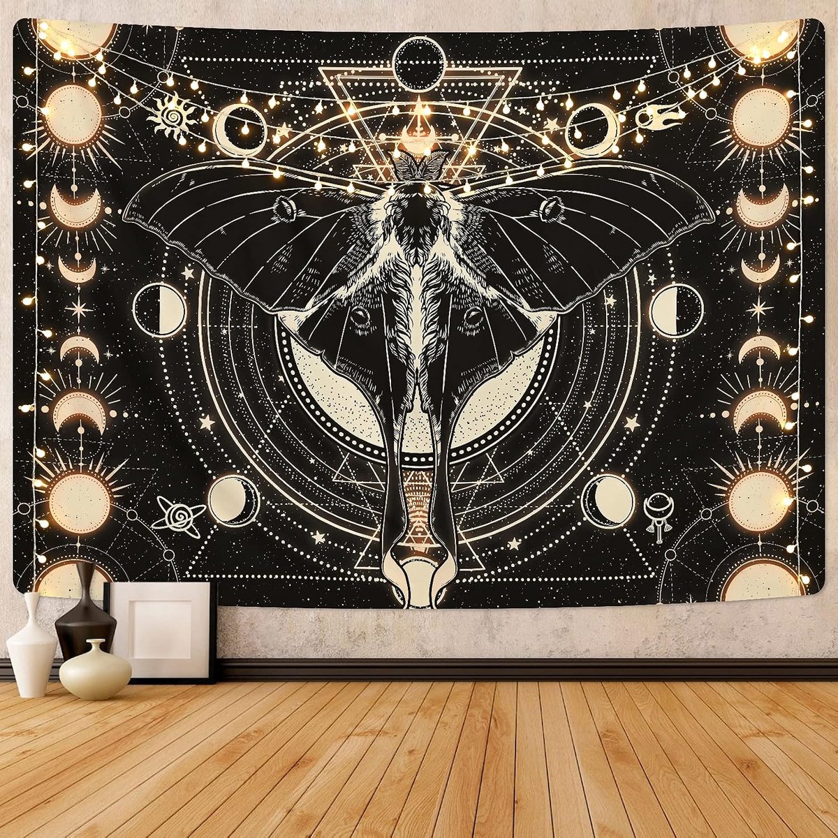 Psychedelische Maanfase Wanddecoratie - Luna-vlinder & Zwarte Maansterren Tapijt - Esthetische Mysterieuze Wandkunst voor de Kamer - 210 * 150 cm (83 * 59 inch)