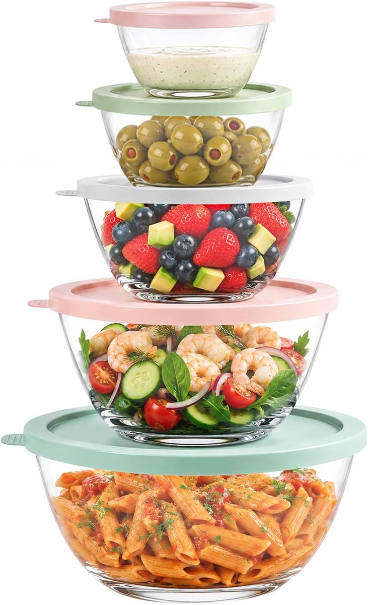 Set van 5 glazen kommen met deksel, 4500/2700/1600/800/500 ml, borosilicaatglas, luchtdicht, stapelbaar, magnetron- en vaatwasmachinebestendig, voor salade, bakken, bewaren
