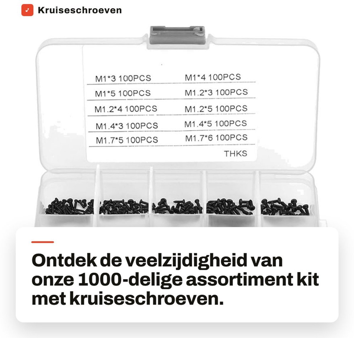 Dailygoods- Kruiseschroeven 1000pcs - Zelftappende Bouten - Roestvrij Staal - Assortiment M1/M1.2/M1.4/M1.7 - Duurzaam - Goed Verpakt - Schroeven