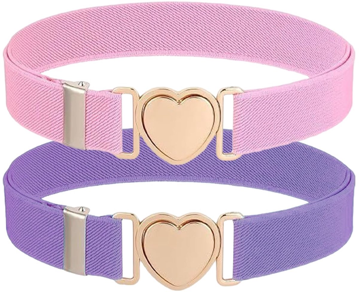Dailygoods- Hartvormige Riem Verstelbaar - Kinderriem Meisje - Elastische Riem - 2 Stuks - Polyester - Geschikt voor Taille 60-80 cm