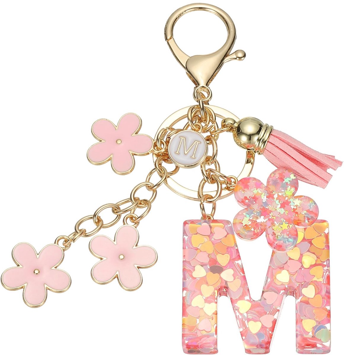 Dailygoods - QUARKZMAN Initial Letter Sleutelhanger leuke kwastjes kersenbloesem sleutelhanger alfabet M letter hanger met bloemen hanger voor vrouwen meisjes sleutelhanger (roze, 1 stuks)