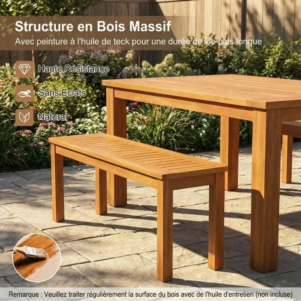 Dailygoods 2-zits tuinbank met ademende zitting met lattenbodem, houten bijzettafel met olieafwerking, 120 x 30,5 x 47 c