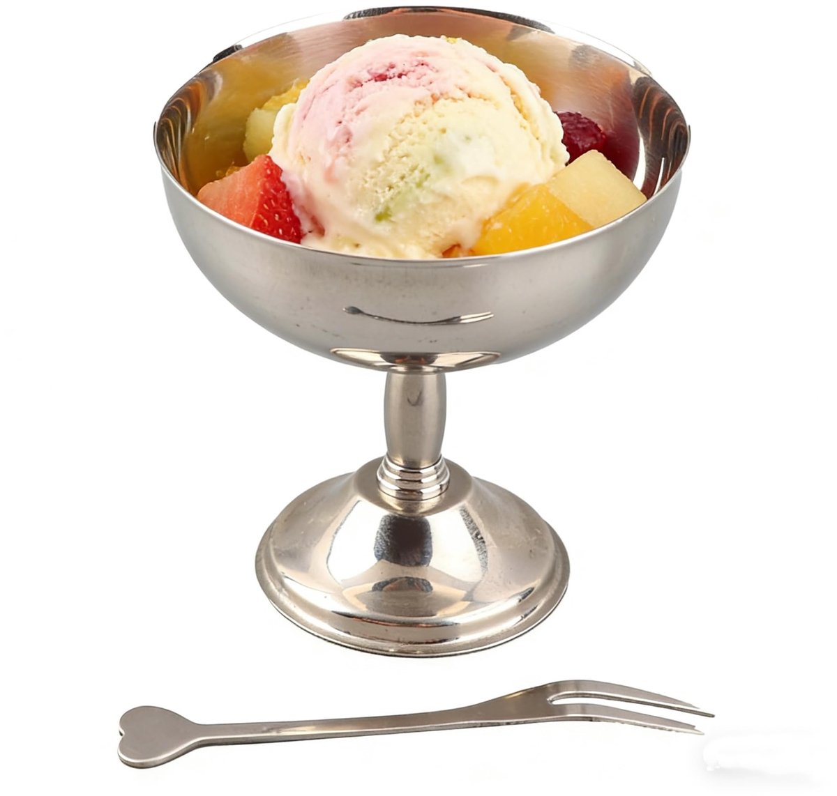 Dailygoods- Ijsbeker Roestvrij Staal 304 - Retro Dessertkom met Voet - Inclusief Lepel/Vork - Duurzaam - Klein Formaat 9 cm - Ideaal voor Salade/Pudding