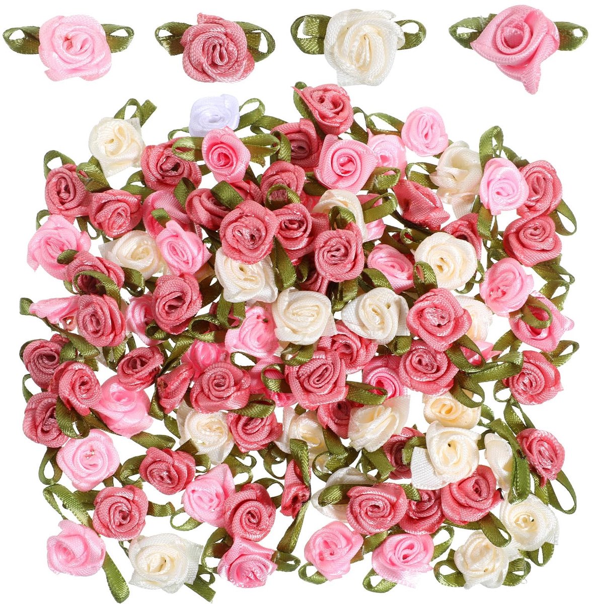 Dailygoods- Kunstbloemen Set van 100 Stuks - Mini Rozenstrikken - Satijnen Lint - Creatief Doe-Het-Zelf - Meerkleurig - Hoogwaardig Materiaal - Decoratiebloemen
