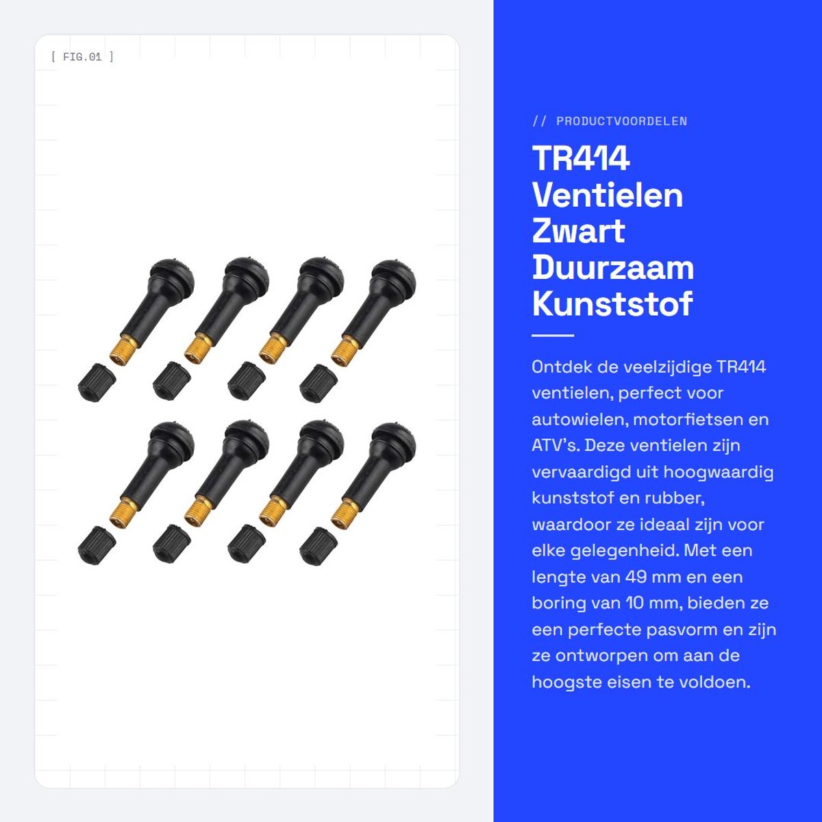 Dailygoods- Ventielen 8x TR414 - Kunststof/Rubber - 49 mm - Geschikt voor Auto/Motor/ATV - Maximale Werkdruk 4,5 bar - Duurzaam/Ozonbestendig - Bandventiel
