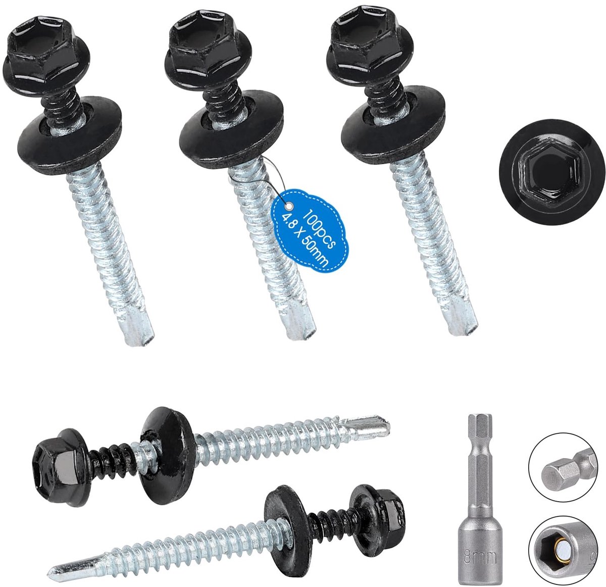 Dailygoods - 100 stuks metalen dakschroeven, 4,8 x 50 mm, zelfborende schroeven met EPDM-sluitringen, antraciet, stalen dakschroeven met 1 zeskantige bit, steeksleutelset, trapeziumplaatschroeven, RAL 7016