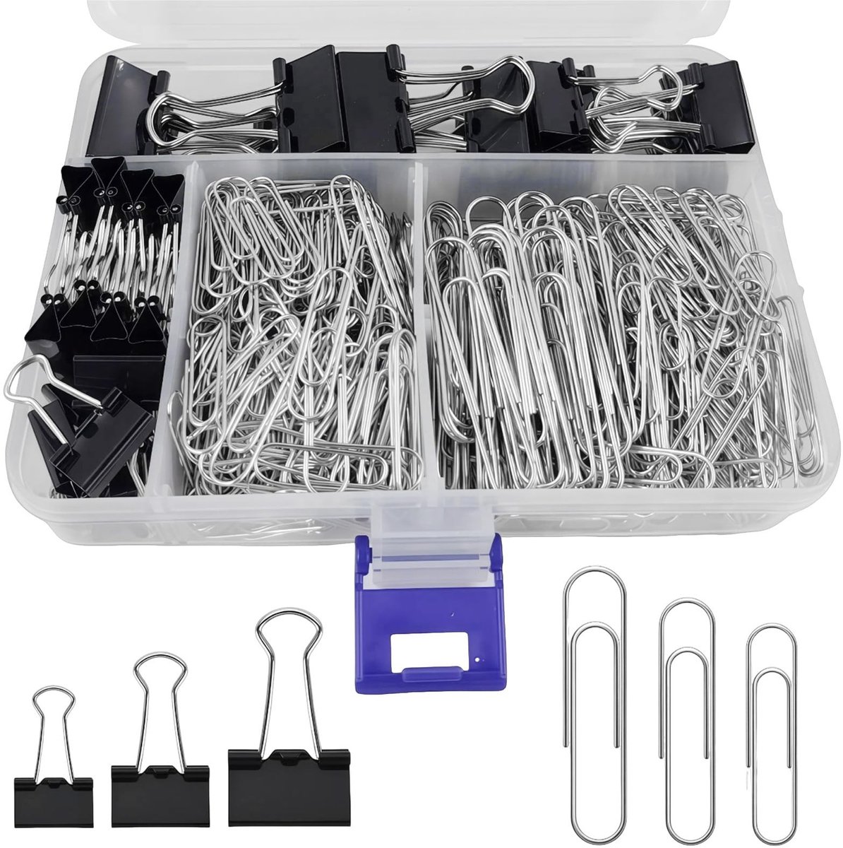 Dailygoods - Set van 340 stuks bindklemmen en paperclips, 25 mm/19 mm/15 mm, groot, kleine vouwklemmen, 50 mm/33 mm/28 mm paperclips, kantoormateriaal, metalen paperclips, papierklemmen voor school en kantoor