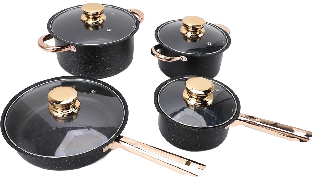Dailygoods- Pannenset Goede Warmtegeleiding - Kookgerei - Roestvrij Staal - Maifan Steen Coating - Glazen Deksels - Inclusief Melkpan/Soeppotten - Kookset