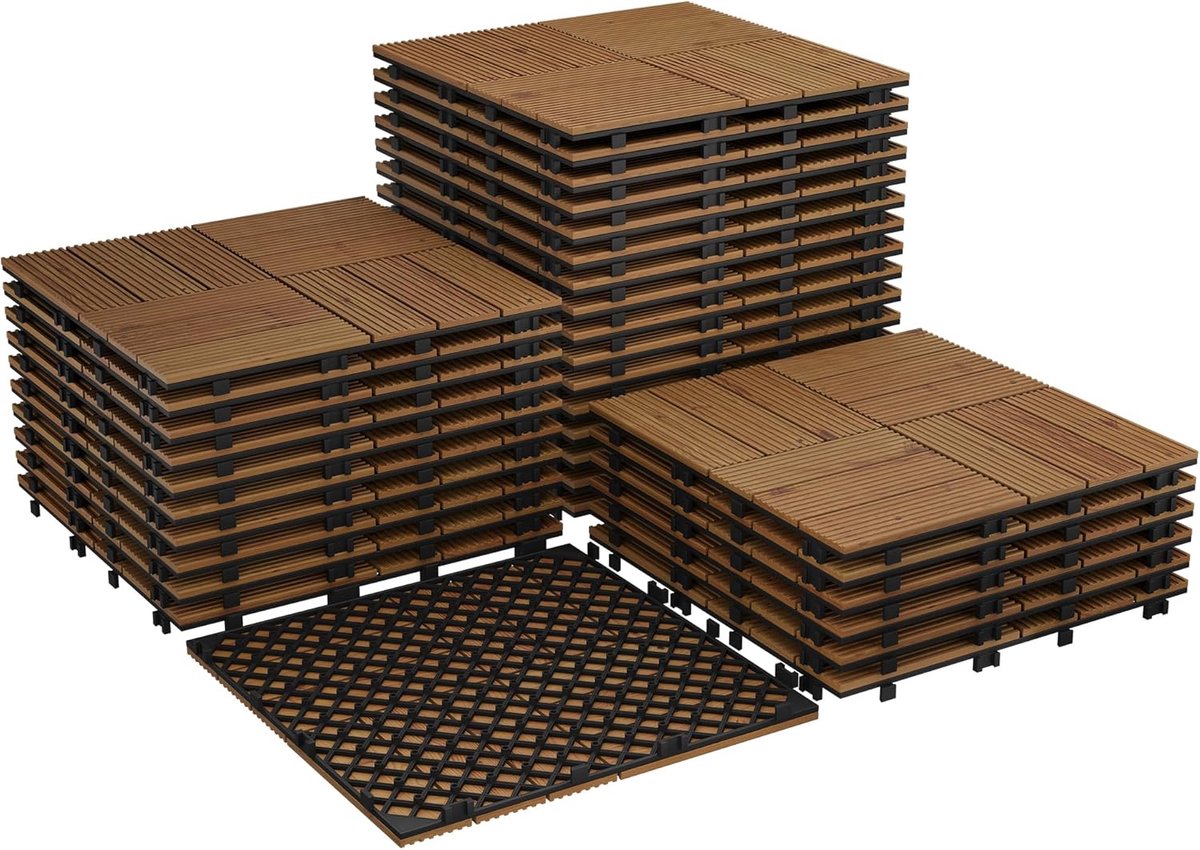 Hardhouten Vlondertegels Kliktegels - 100% Natuurlijk Acaciahout - Set van 33 Stuks (2.97 m²) - 30x30 cm - Bruin - Met Kliksysteem & Drainage - Balkontegels & Terrastegels voor Binnen en Buiten