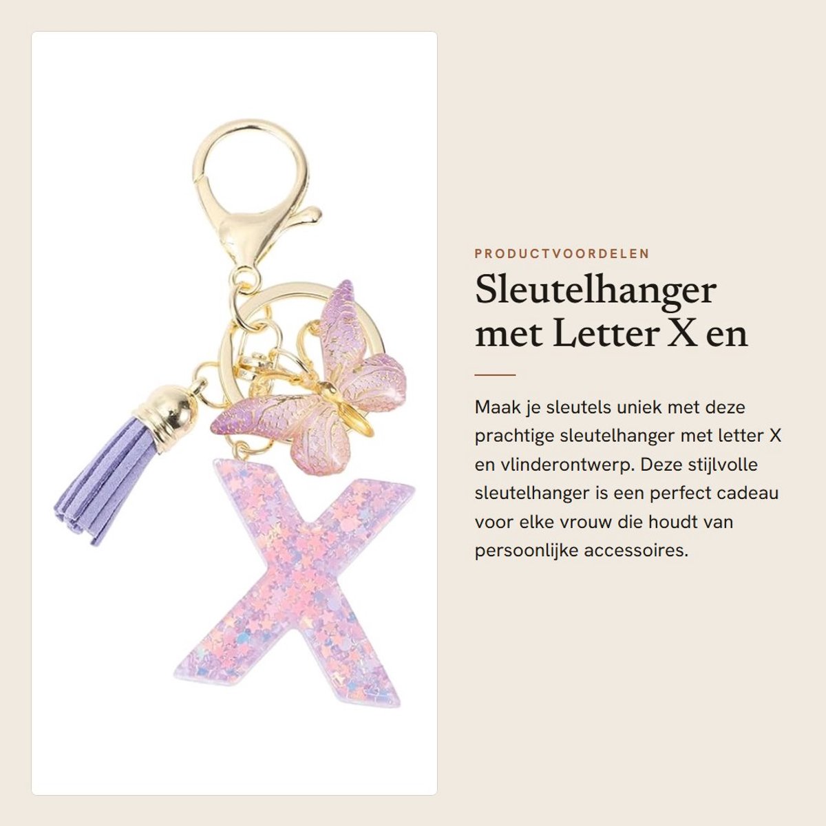 Dailygoods- Sleutelhanger met Vlinderletters - Hars/Legering - Totale Lengte 9,3 cm - Kwastlengte 4 cm - Afmetingen Hanger 2,1 x 1,6 cm - Duurzaam Materialen - Sleutelring