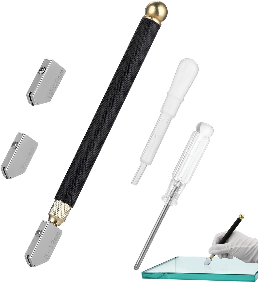 Dailygoods- Glassnijder Professioneel - Set van 5 Stuks - Metaallegering - Antislip Handgreep - Snijkoppen 2-6 mm / 6-12 mm / 12-20 mm - Duurzaam en Ergonomisch - Glasbewerking