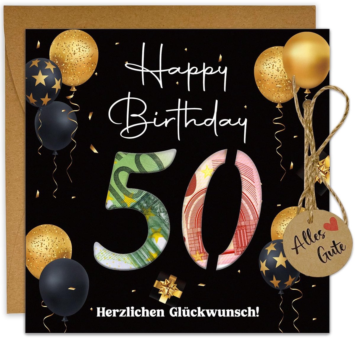 Dailygoods- Verjaardagskaart 50e verjaardag - Geldgeschenk - Envelop van kraftpapier - Creatief ontwerp - Persoonlijke boodschap - Feestelijk design